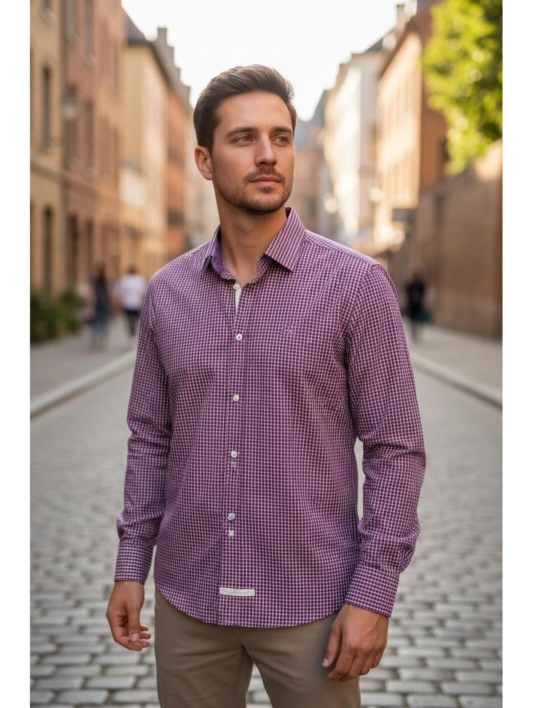 English Laundry Dress Shirt Men's Purple Gingham Cotton Long Sleeve Size Xl